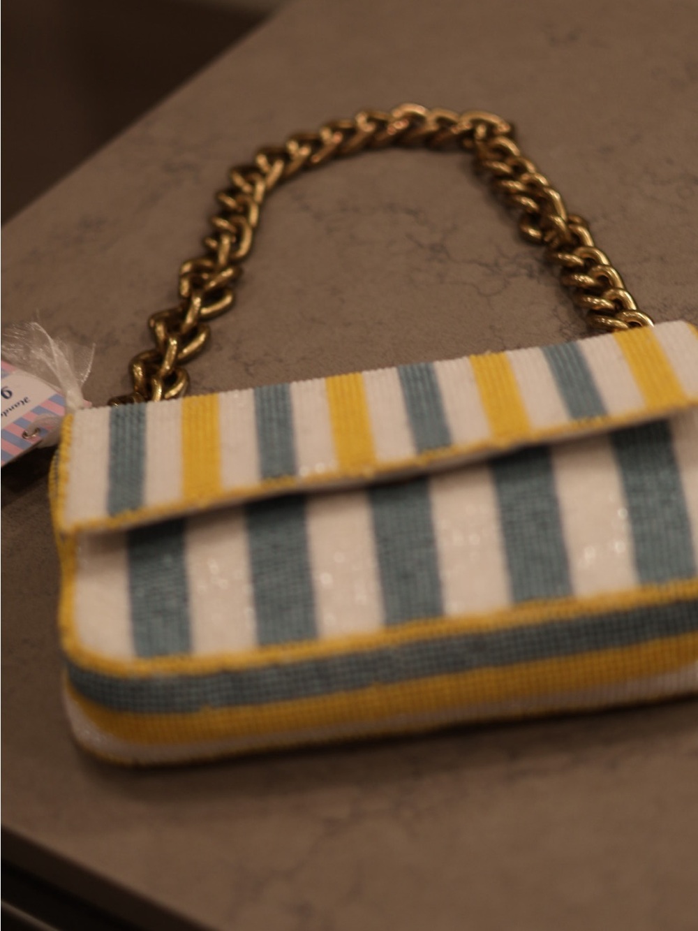 NWT Handmade Beaded Stripe Shoulder Bag Gold Chain Coastal Clutch - Picture 3 of 9